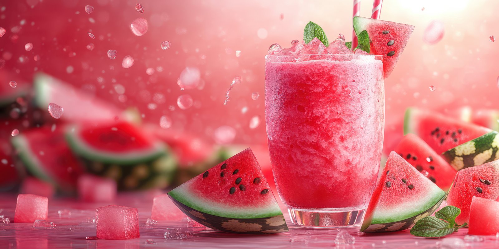 Refreshing watermelon drink garnished with mint leaves and ice cubes in a vibrant setting
